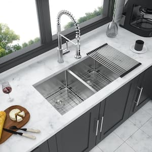 28 in. Undermount Double Bowl 16 Gauge Brushed Nickel Stainless Steel Kitchen Sink with Bottom Grids