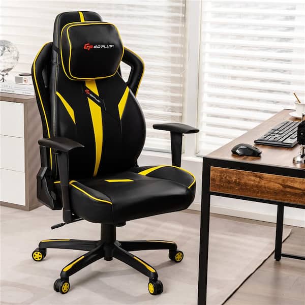 Costway Faux Leather Adjustable Height Swivel Lumbar Support Ergonomic Gaming Chair in Yellow with 2D Adjustable Armrest