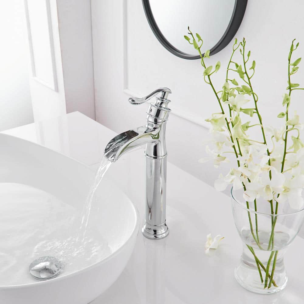 Polished Chrome Tall Waterfall Vessel Sink Faucet with Lever Handle