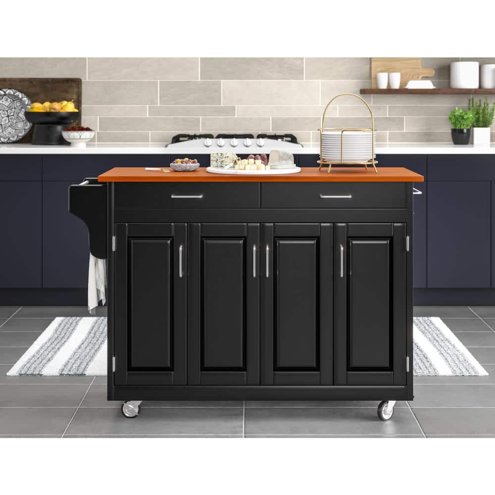 Black Wood Kitchen Cart with Oak Top and Storage