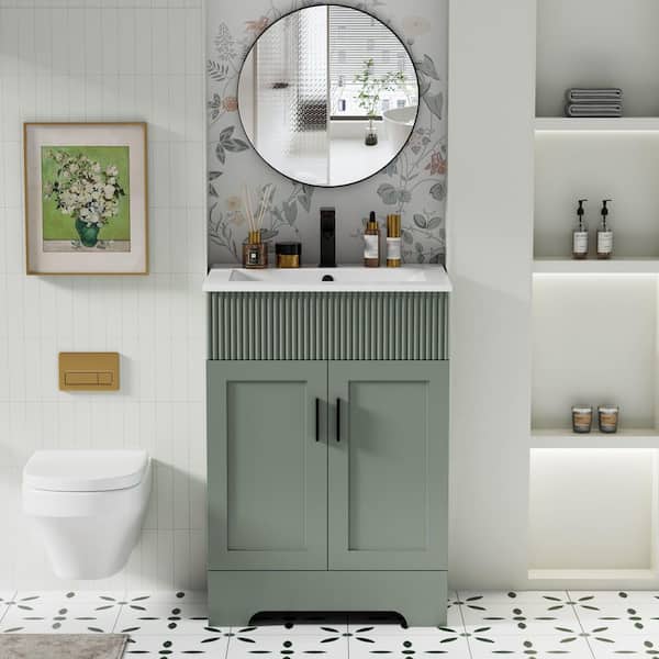 24 in. W. x 19 in. D x 33.7 in. H Single Sink Freestanding Bath Vanity Green with White Ceramic Top and Drain Faucet Set