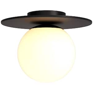 Amma 12 in. 1-Light Blackened Bronze and White Flush Mount with Glass Shade