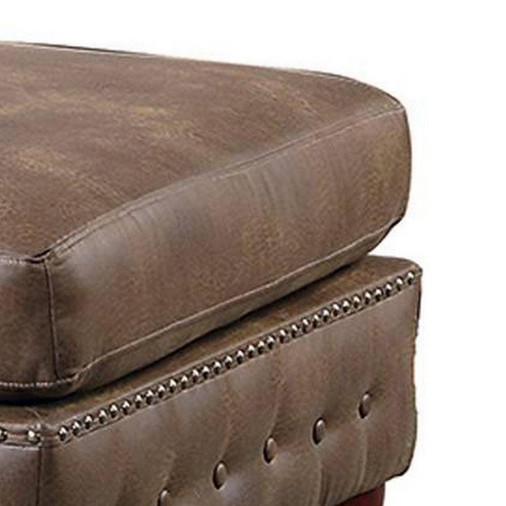 Simi 34 Inch Brown Faux Leather Tufted Ottoman with Nailhead Trim