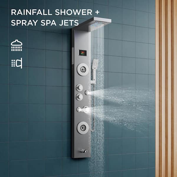 6-Jets LED Rainfall Waterfall ShowerHead Rain Massage with Body Jets Bathroom ShowerPanel Tower System Brushed in Nickel