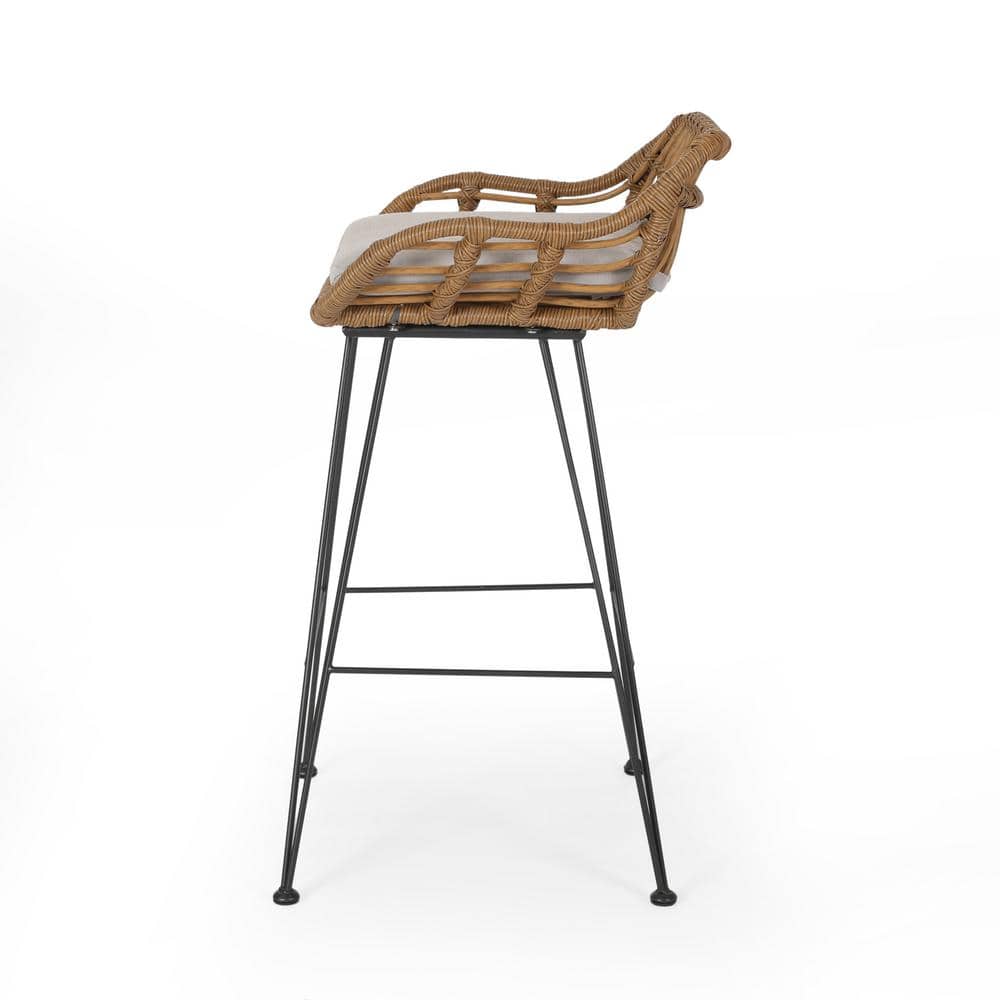 Minimalist Black Iron & Beige Cushioned Outdoor Bar Stools, Set of 2