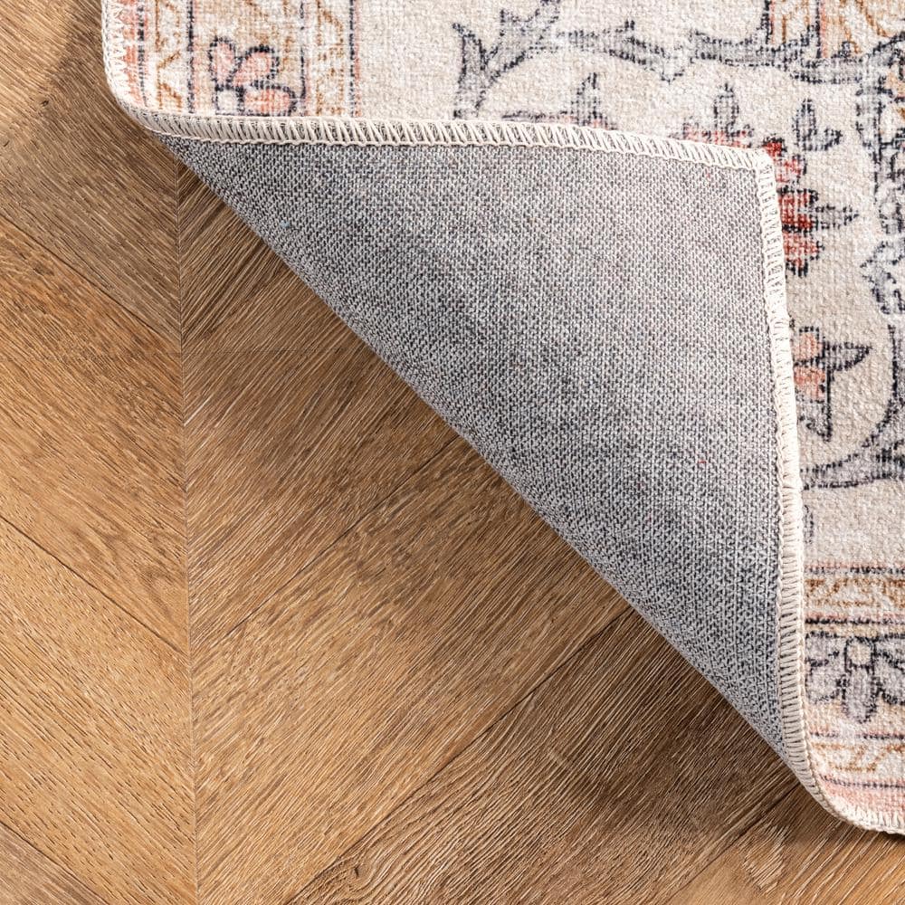 Ivory Floral Synthetic Washable Rectangular Area Rug