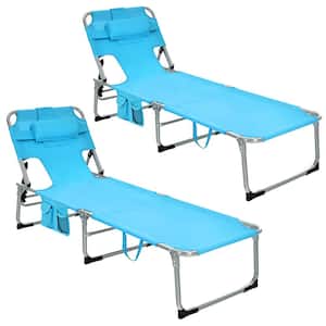Set of 2 Black Folding Metal Outdoor Lounge Chair w/Facing Hole Turquoise