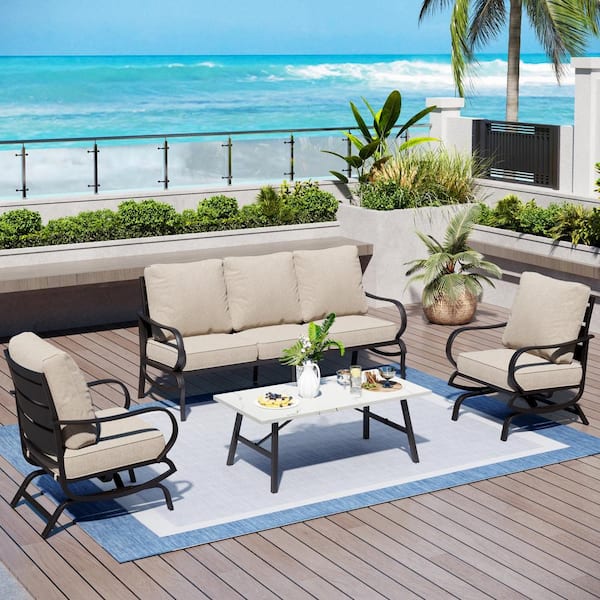 PHI VILLA Metal 5 Seat 4-Piece Steel Outdoor Patio Conversation Set with Beige Cushions, Rocking Chairs and Marble Pattern Table