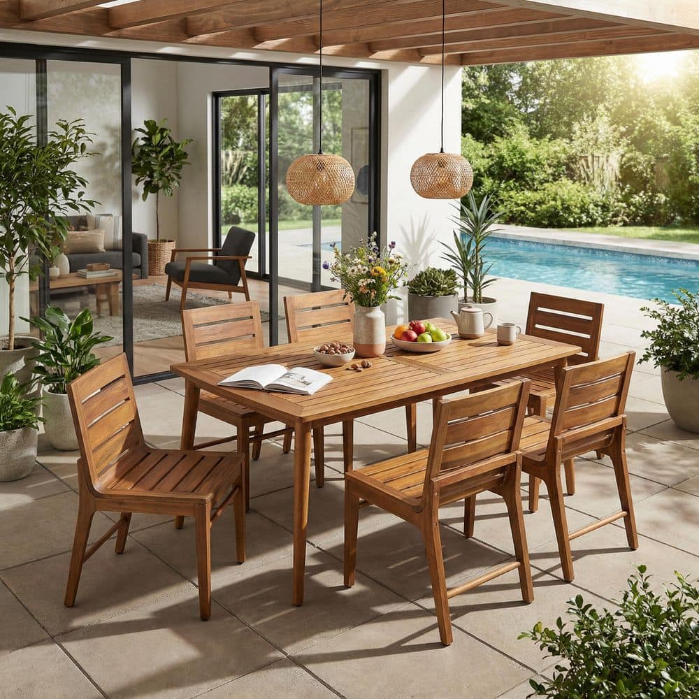 Hosa 7-Piece Rectangle Teak Solid Wood Top Dining Table Set Seats 6 price history on PriceWatchPro