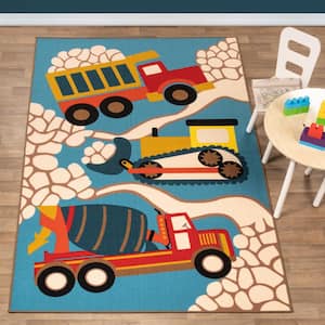 Construction Zone Blue 4 ft. x 6 ft. Kids' Graphic Nylon Area Rug