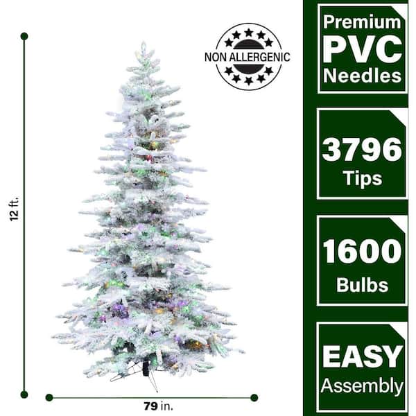 12.0-ft. Pre-Lit Mountain Pine Snow Flocked Artificial Christmas Tree, Multi-Color LED Lights