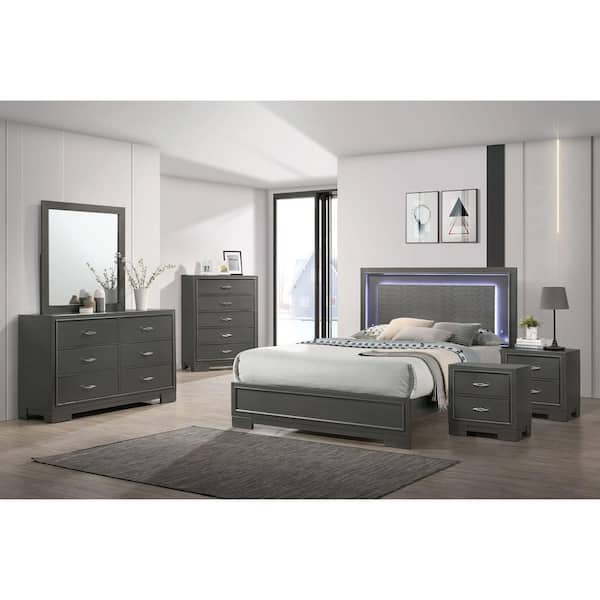 Jonvang 6-Piece LED Headboard Metallic Gray Wood Full Bedroom Set