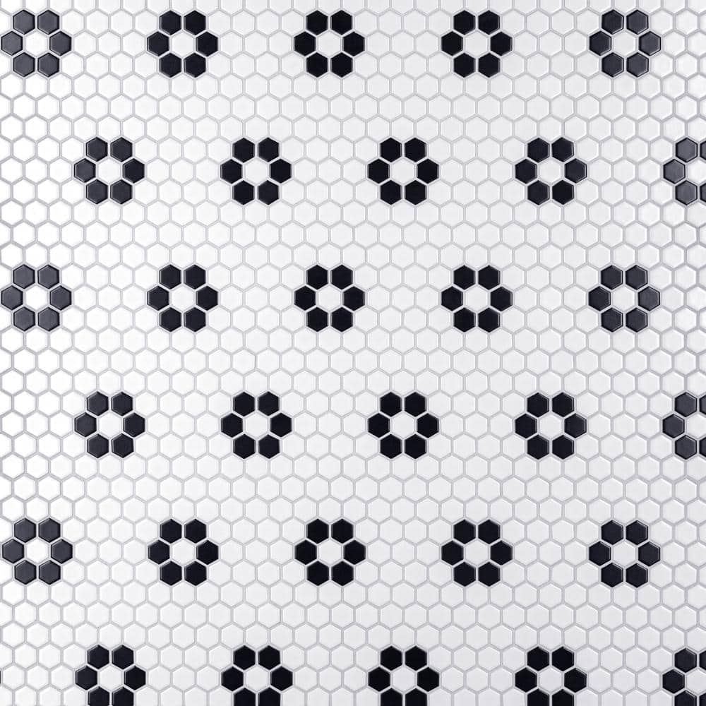 Merola Tile Metro Hex Matte White with Flower 10-1/4 in. x