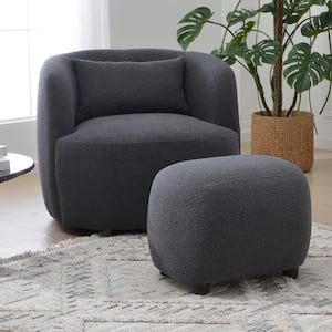 Dark Gray Boucle Upholstered Footrest Round Ottoman