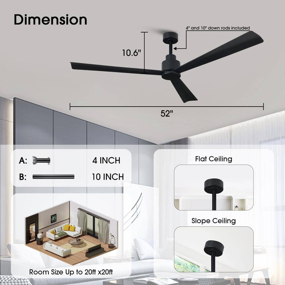 52-Inch Matte Black Reversible 3-Blade Ceiling Fan with Remote