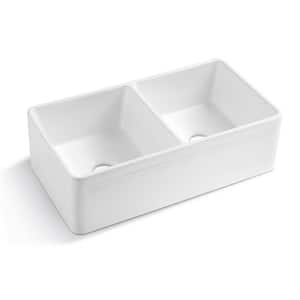 33 in. Farmhouse/Apron-Front Double Bowl Kitchen Sink white ceramic with Bottom Grid and Basket Strainer