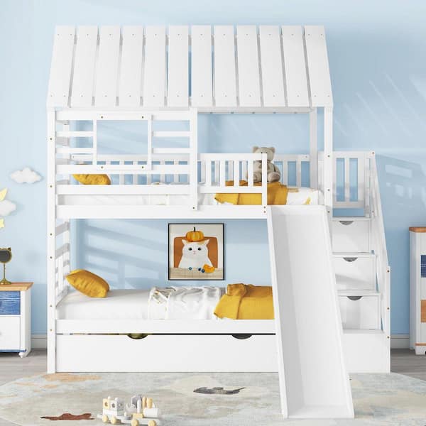 White Twin House Bunk Bed with Trundle, Slide and Staircase
