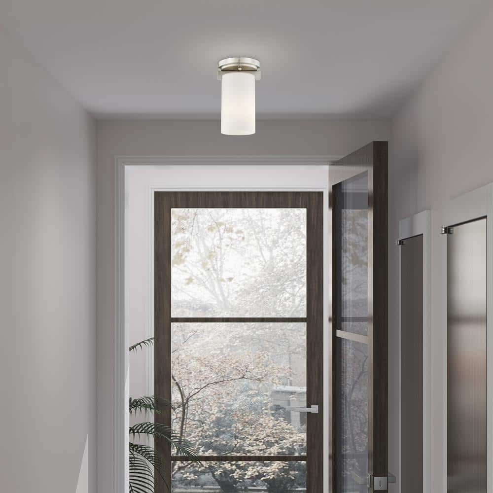 Delray 5 in. 1-Light Brushed Nickel Industrial Flush Mount with Satin Opal White Glass and No Bulbs Included