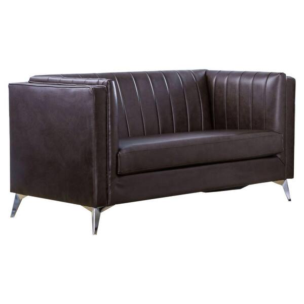 Benjara 34 in. Brown Solid Fabric 2-Seater Loveseat with Pleated Design and Metal Legs