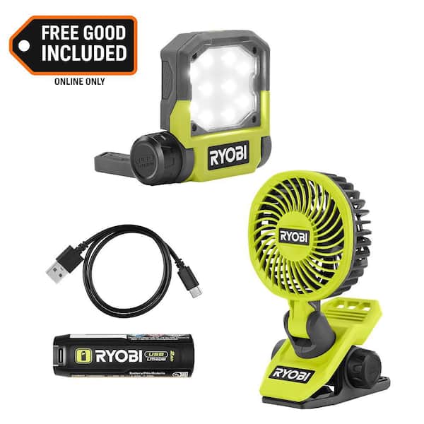 USB Lithium Cordless Pivoting LED 3-Mode Flip Light Kit, 2.0 Ah Battery with USB Lithium Cordless Clamp Fan