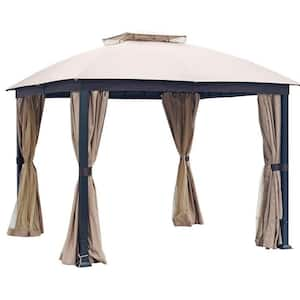 10 ft. x 10 ft. Outdoor Beige Galvanized Steel Soft-top Gazebo with Polyester Double Roof with Netting and Curtains