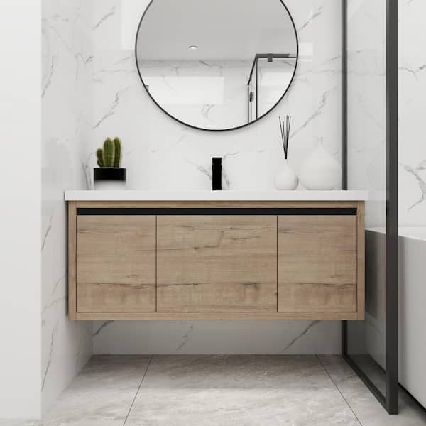 FAMYYT 48 in. W x 18.1 in. D x 20.5 in. H Single Sink Wall Mount Bath Vanity in Imitative Oak with White Resin Top