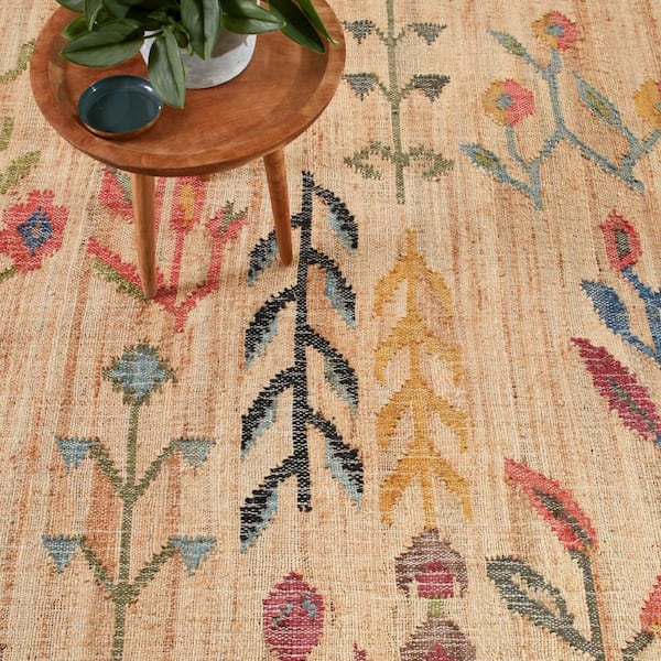 Folk Floral Kilim Handwoven Jute Natural 9 ft. x 12 ft. Indoor Area Rug