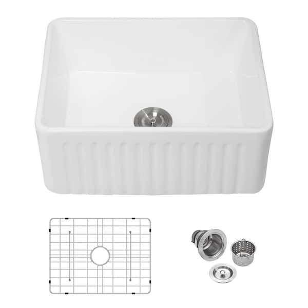 Logmey White Fireclay 24 in. Single Bowl Farmhouse Apron Kitchen Sink with Bottom Grid