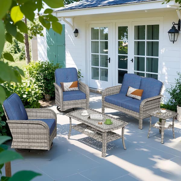 Mejy Gray 5-Piece Wicker Patio Conversation Set with Denim Blue Cushions and Swivel Chairs