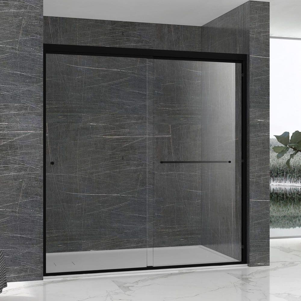 Matte Black Semi-Frameless Sliding Shower Door with Clear Glass