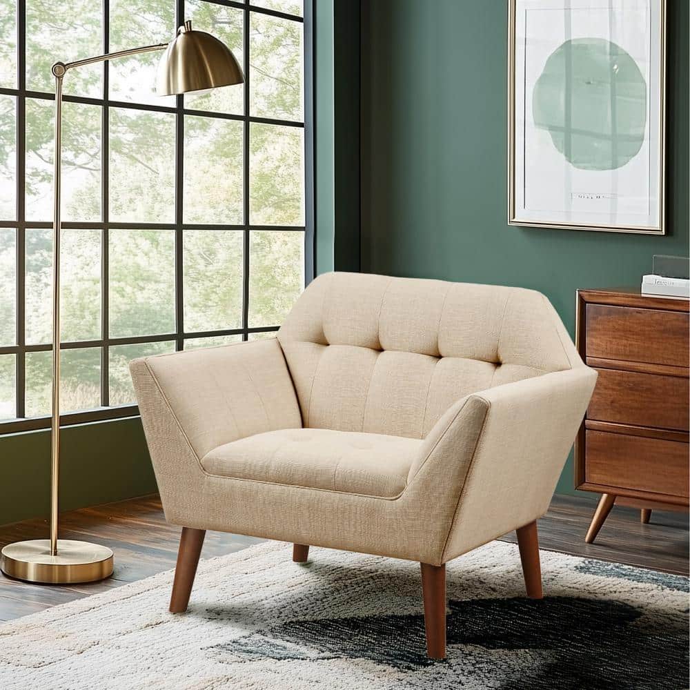 Tan Button Tufted Swivel Accent Chair with Wood Legs