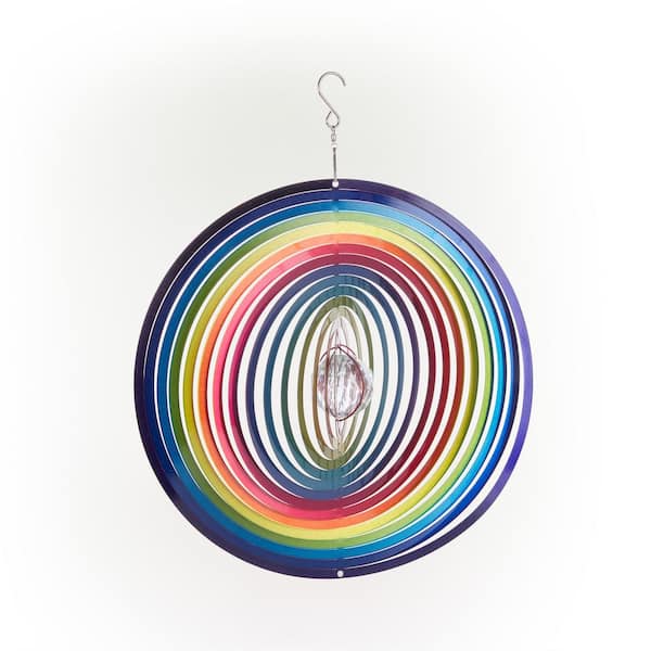 Alpine Corporation 12 in. Round Outdoor Hanging Rainbow Metal Planet Wind Spinner with Clear Glass Ball