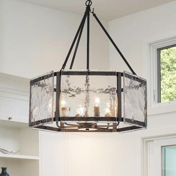 Dvorakova 24.02 in. 6-Light Black Lantern Drum Chandelier with Water Ripple Glass Shade
