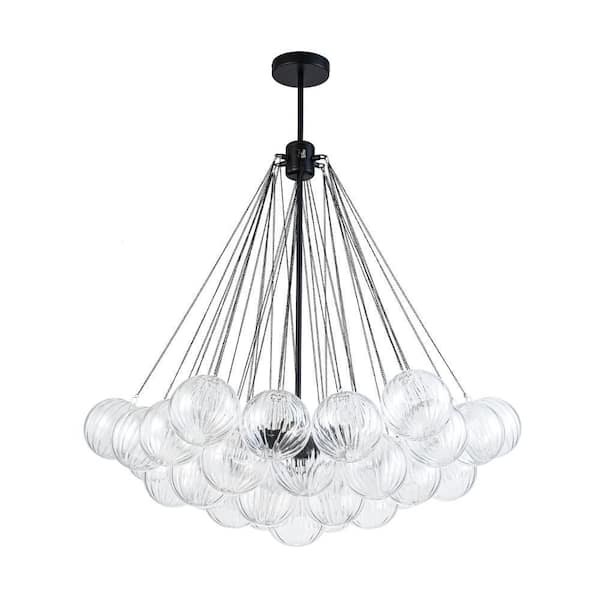 Alma 3-Light 31.5 in.W Matte Black Modern Bubble Cluster Chandelier with Vertical Rib Glass for Living Room