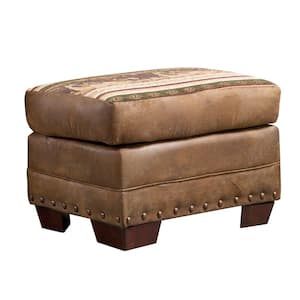 Wild Horses Brown Rustic Tapestry Ottoman in Faux Leather with Nail Head Accents