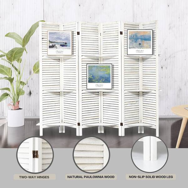 Unbranded - White Wood Folding Privacy Screens, 6-Panel Room Divider with Shelve, Partition Room Divider Temporary Wall for Home