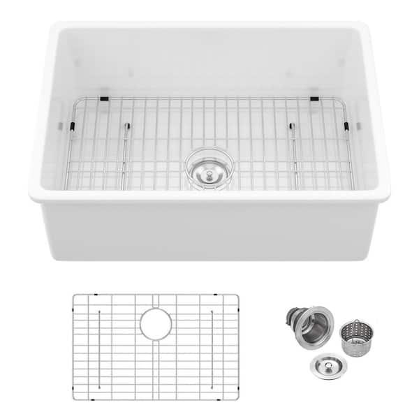 27 in. Undermount Sink Single Bowl White Fireclay Kitchen Sink with Bottom Grid and Drain Assembly