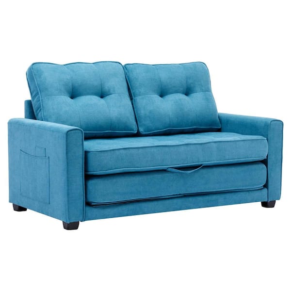 Polibi 59.4 in. Square Arm Chenille Rectangle Sofa with Pull-Out Bed Modern Upholstered Couch with Side Pocket in Blue