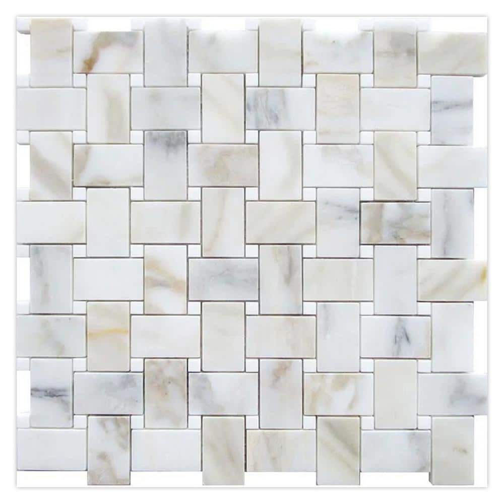 Serena 12 in. x 12 in. Polished White Gray Calacatta Gold Thassos Marble Mosaic Basketweave Tile (5 sq. ft./case) 5-Pack price history on PriceWatchPro