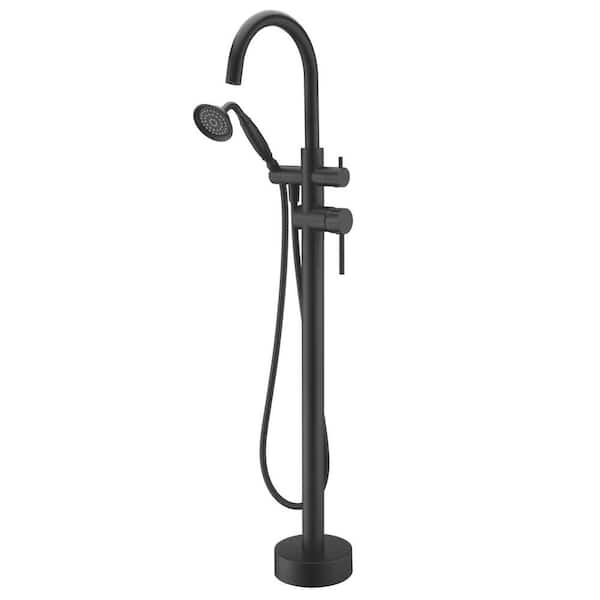 FLG 2-Handle Freestanding Tub Faucet with Hand Shower Modern Brass Floor Mount Bathtub Filler in Matte Black