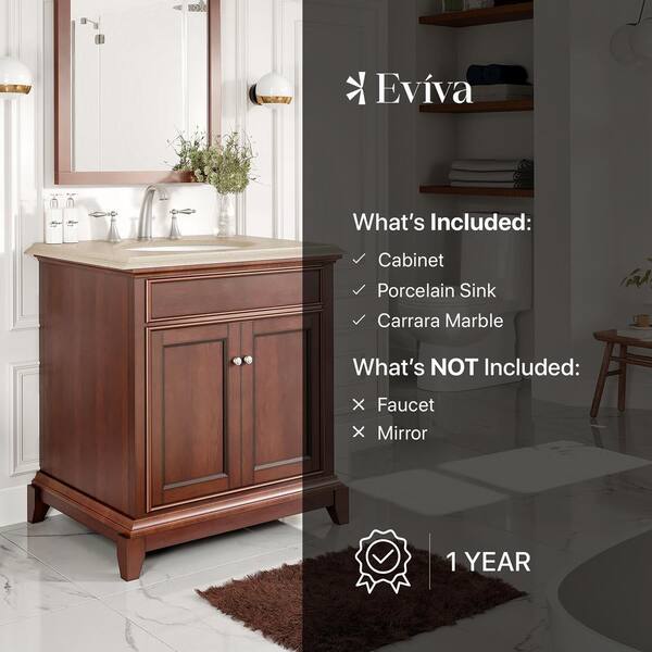 Eviva Elite Princeton 30 in. W x 23.5 in. D x 33.7 in. H Single-Sink Freestanding Bath Vanity in Teak with Cream Marble Top