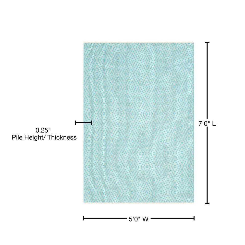 Turquoise and Ivory Cotton 5'x7' Geometric Flat Woven Rug