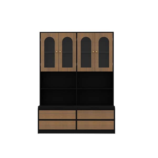 63.6 in. H x 47.2 in. W Black and Oak Shoe Storage Cabinet with Cushioned Bench, Glass Doors, Open Shelves, and Drawers