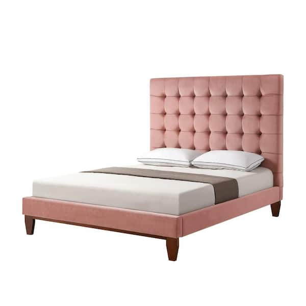 Telford Blush Queen Size Platform Bed Upholstered Tufted Velvet
