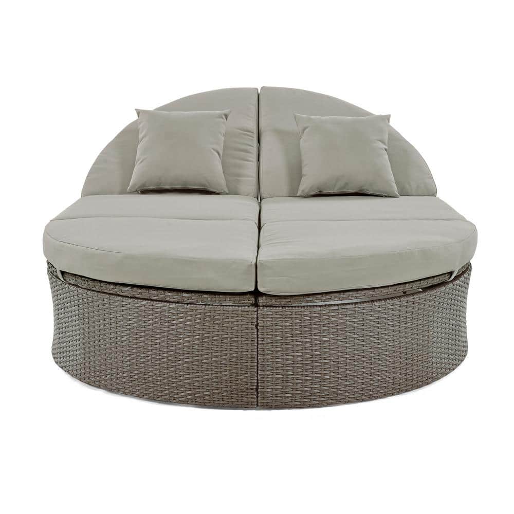 Gray PE Wicker Iron Outdoor Patio 2-Person Day Bed, Rattan Garden Reclining
