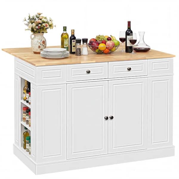 White Large Wood Top 47 in. Kitchen Island Drop Leaf Breakfast Bar w/ Shelves Drawers