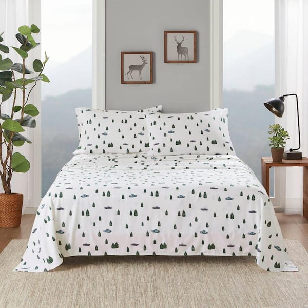 Woolrich Cotton Flannel 4-Piece Green Trees and Trucks Cotton Full Sheet Set