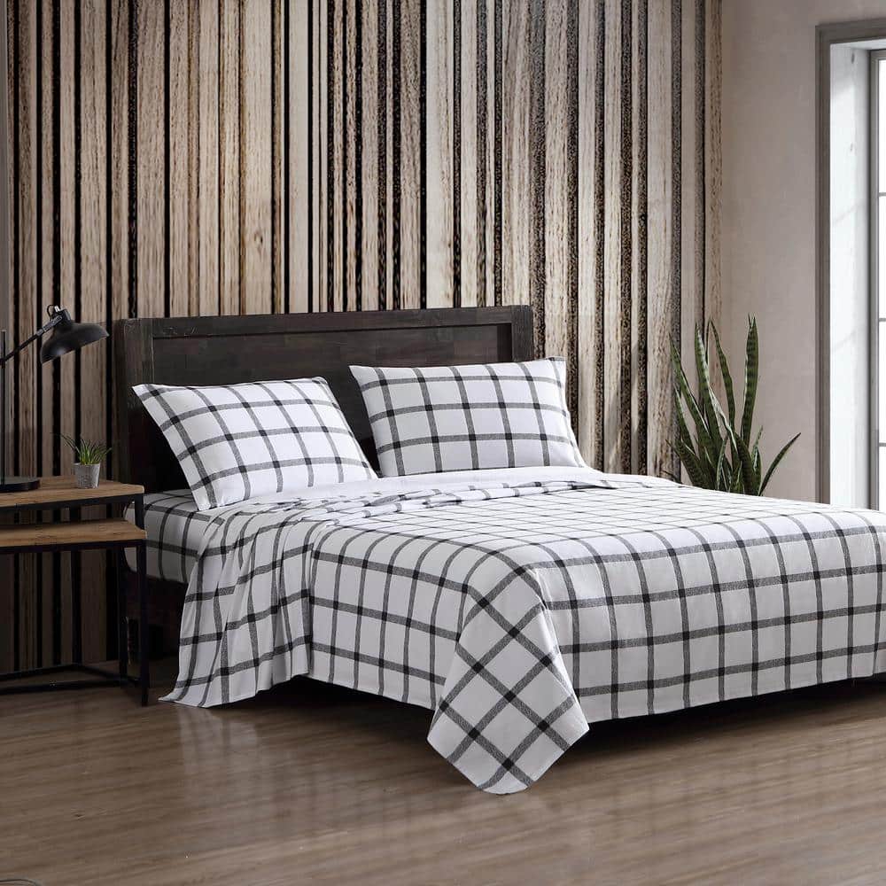 Gray Plaid Cotton Flannel Twin Sheet Set with Deep Pockets