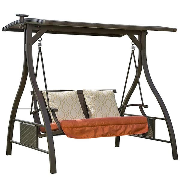 Clihome 2 Seat Metal Frame Patio Swing Chair Outdoor Porch Swing with Solar LED Light and Cushions CL DOL125