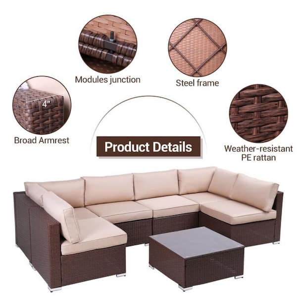 Sunvivi Brown 7 Piece Pe Wicker Furniture Set Outdoor Sectional Conversation Sofa Set And Glass Table With Beige Cushions Ys002 B C D The Home Depot